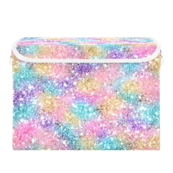 Pastel Colored Glitter Foldable Storage Bin with Lid and Handle Collapsible Storage Box 16.5 x 12.6 x 11.8 inches