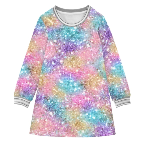 Pastel Colored Glitter Long-sleeved Dress A-line One-Piece Dress for 2-8 Years Casual Party 7-8Y