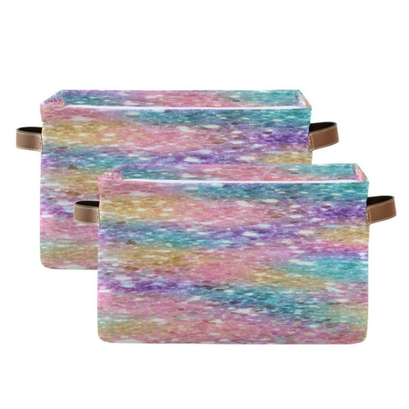 Pastel Colored Glitter Square Storage Bins with Handles Collapsible Containing Box 2 Packs