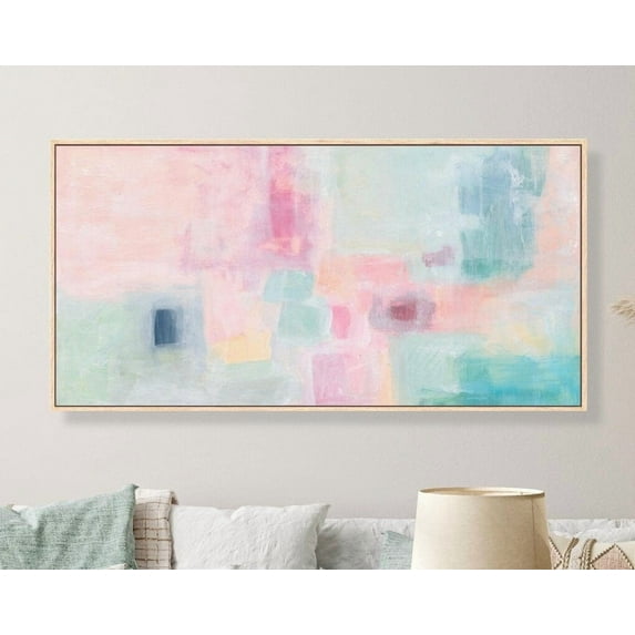 Pastel Colorful Abstract Painting Long Horizontal Wall Art Extra Large Print Panoramic Pink Girly Cute Preppy Aesthetic Pastel Green ,Decor For Living Room Bedroom, 12x18 UNFRAMED