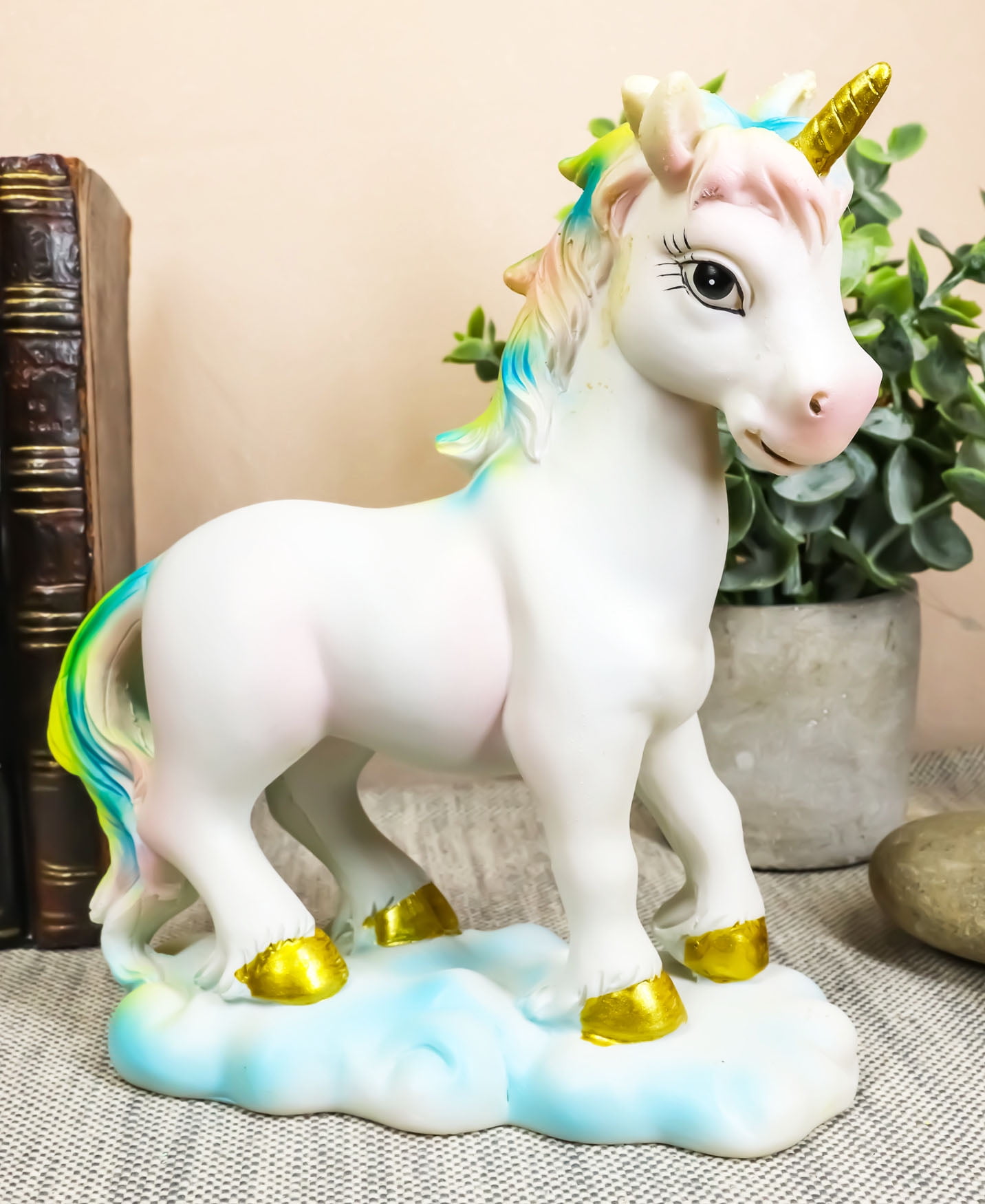 Pastel Colors Rainbow Mane Gold Horn Unicorn Mare Horse On Clouds Figurine Decor