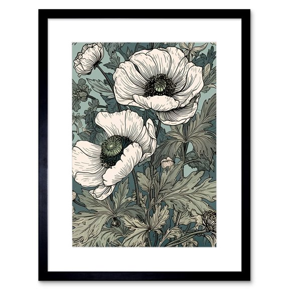 Pastel Colour White Anemone Flower Bloom Field Artwork Framed Wall Art Print 9X7 Inch