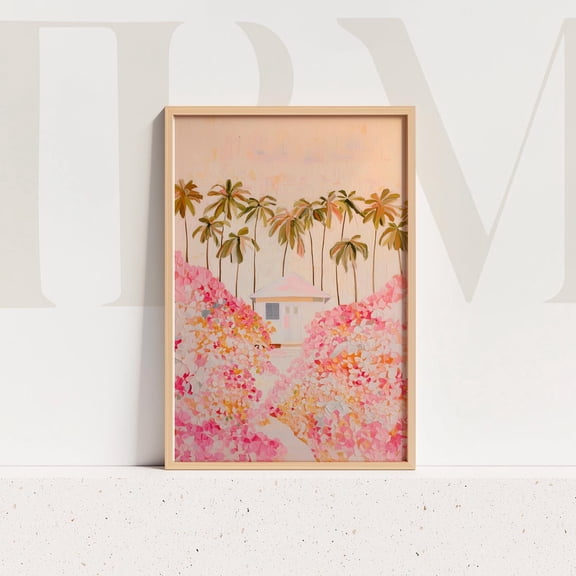 Pastel Cottage Art Print, Tropical Palm Beach House Home Decor #638, Unframed Poster Size 12x18