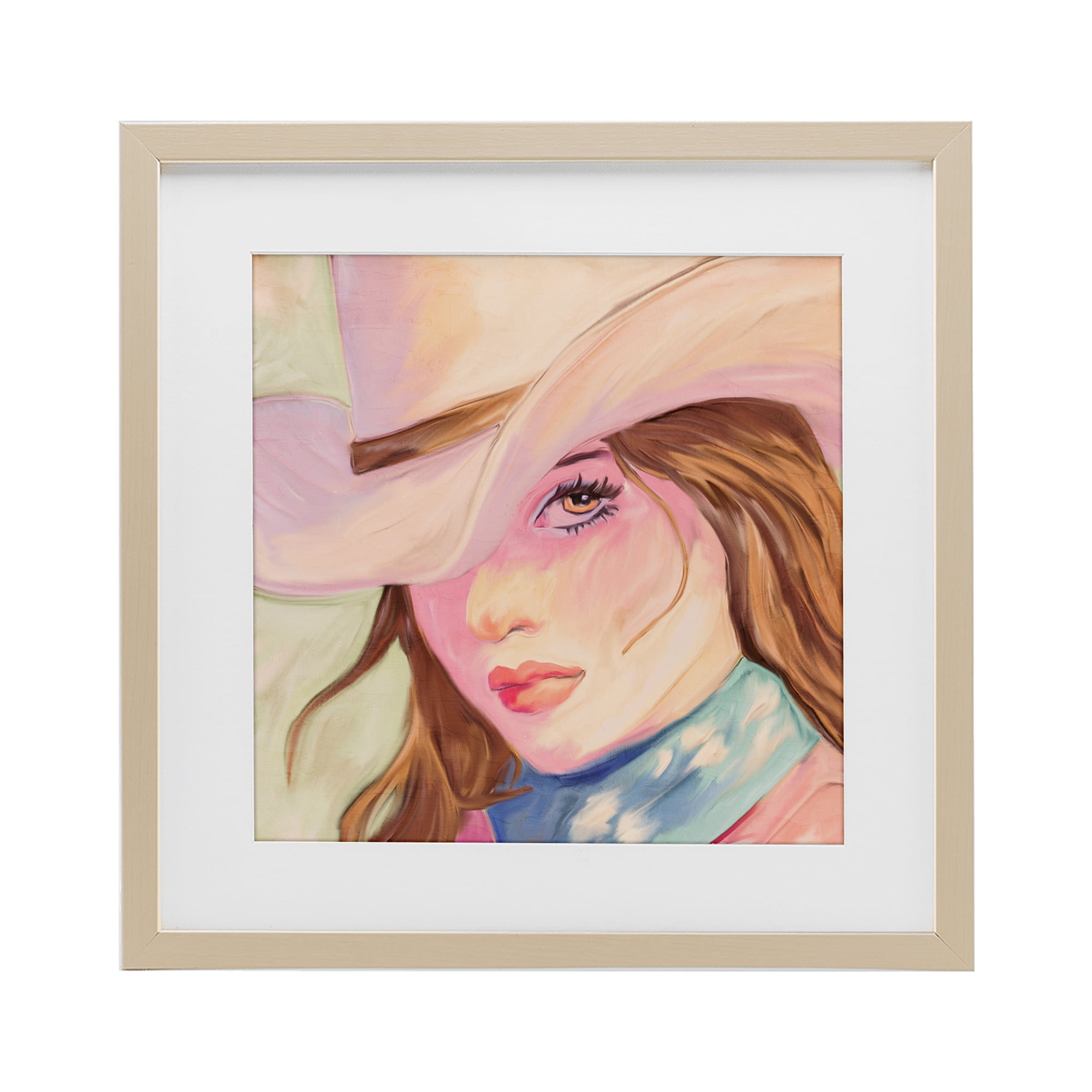 Pastel Cowgirl Brunette Birch Framed Print Under Glass, design by Kim Allen