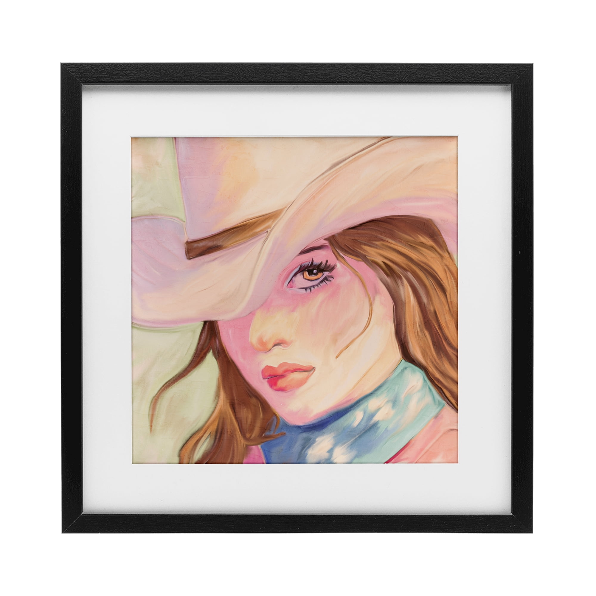 Pastel Cowgirl Brunette Black Framed Print Under Glass, design by Kim Allen