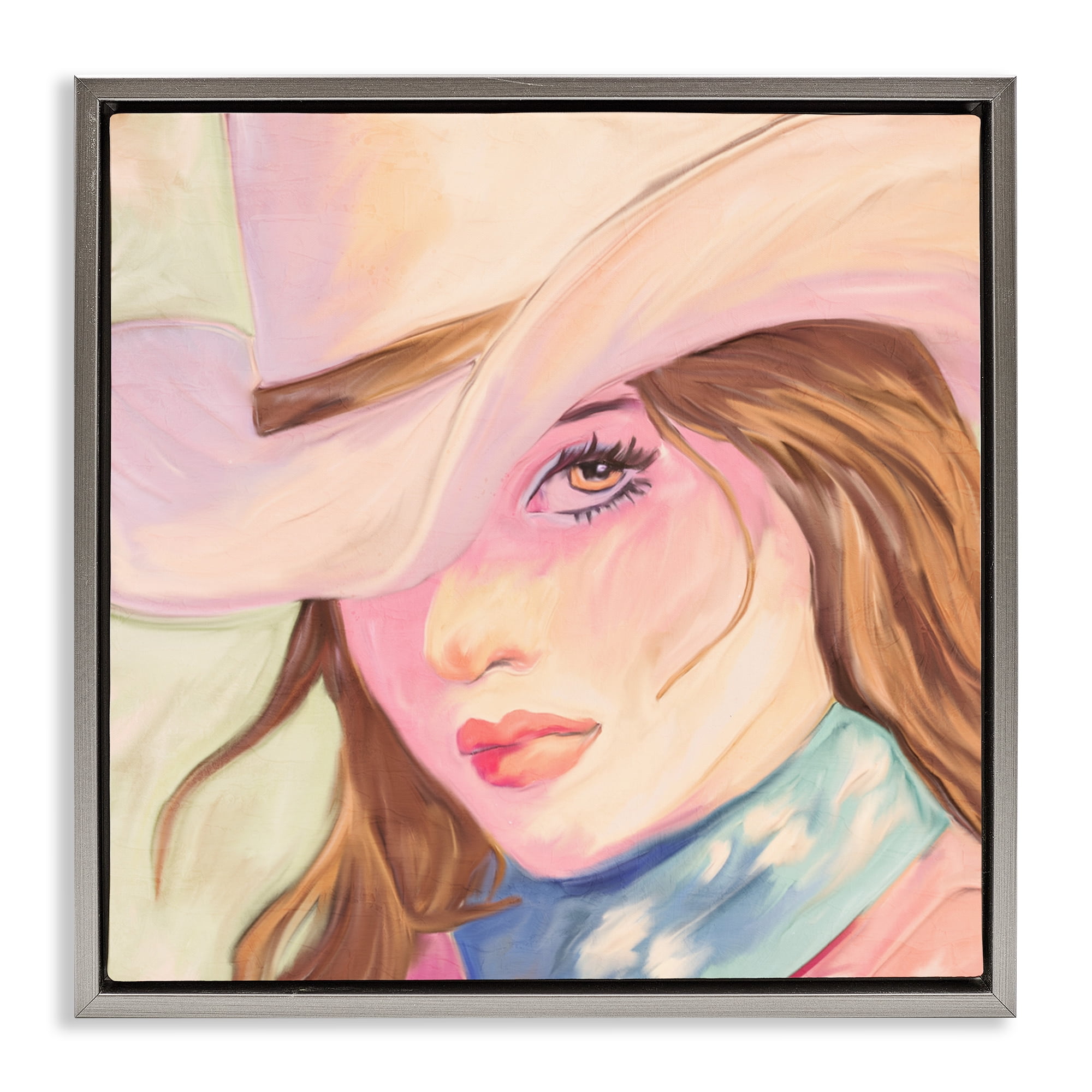 Pastel Cowgirl Brunette Gray Framed Floater Canvas Wall Art, design by Kim Allen