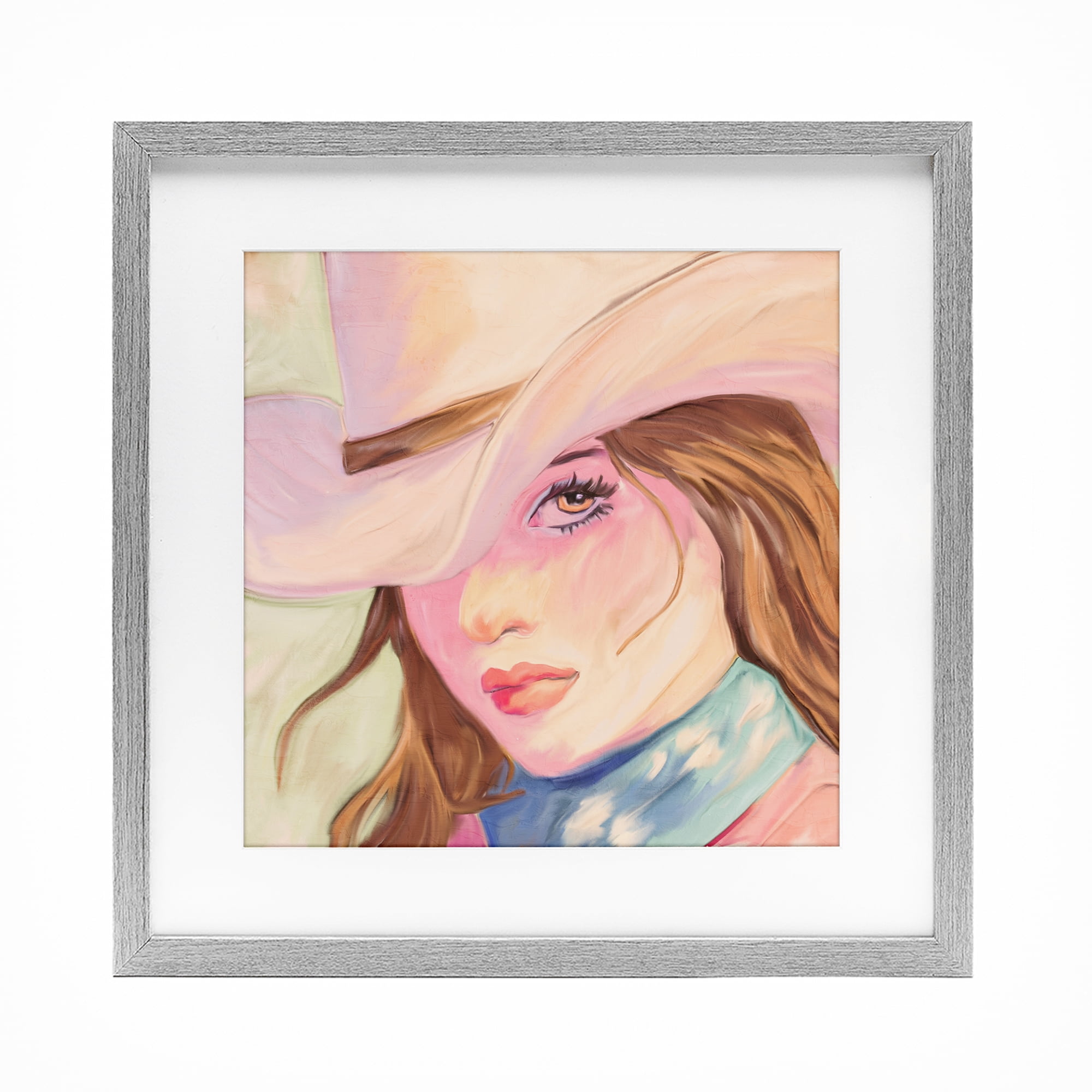 Pastel Cowgirl Brunette Gray Framed Print Under Glass, design by Kim Allen