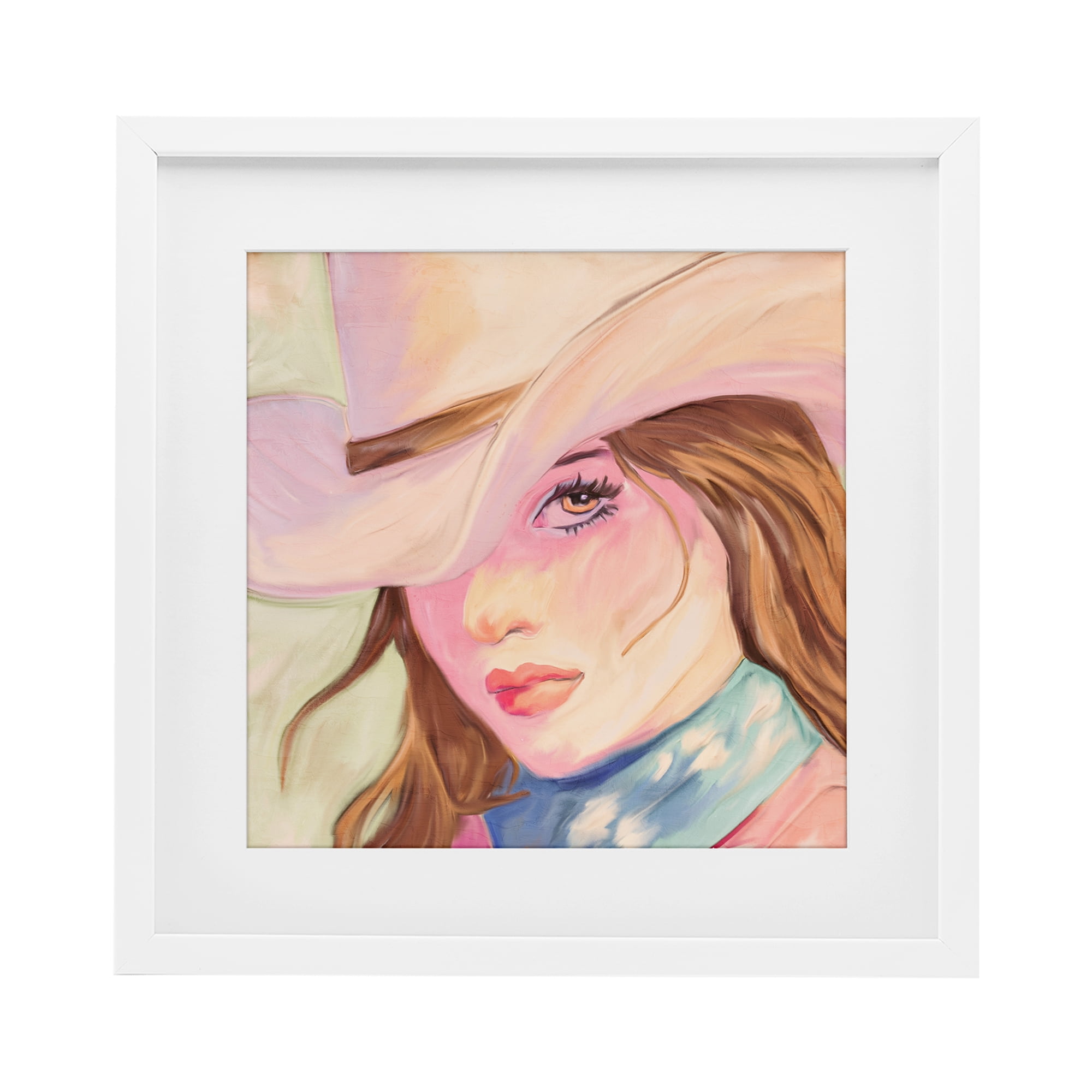 Pastel Cowgirl Brunette White Framed Print Under Glass, design by Kim Allen