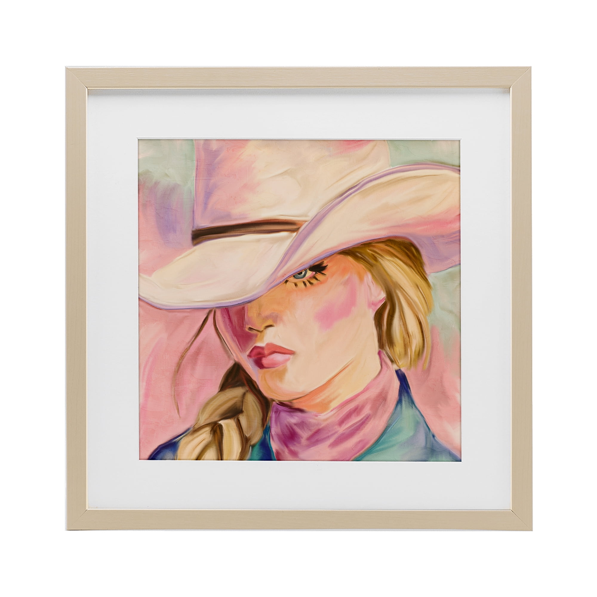 Pastel Cowgirl Gaze Beneath Hat Birch Framed Print Under Glass, design by Kim Allen