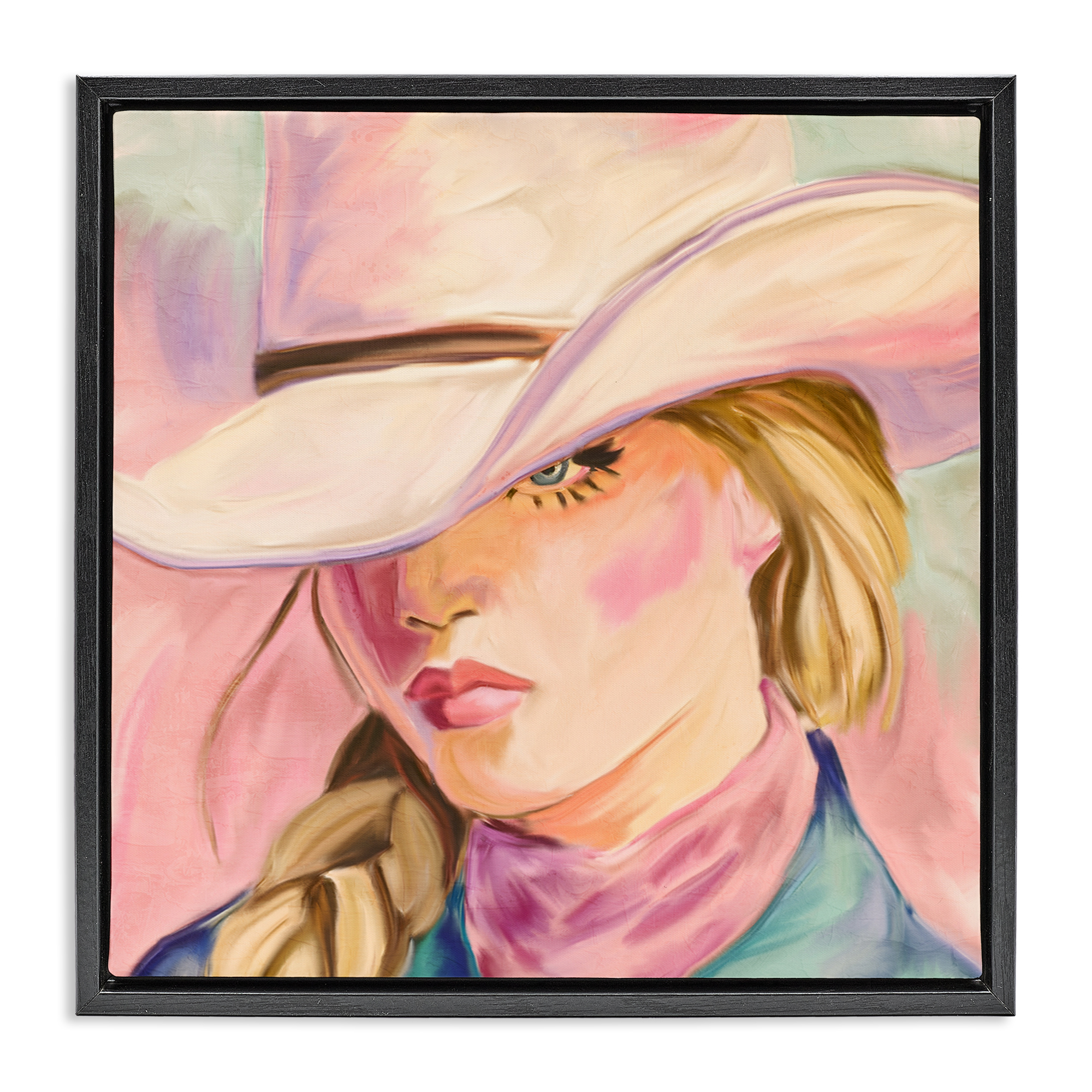 Pastel Cowgirl Gaze Beneath Hat Black Framed Floater Canvas Wall Art, design by Kim Allen