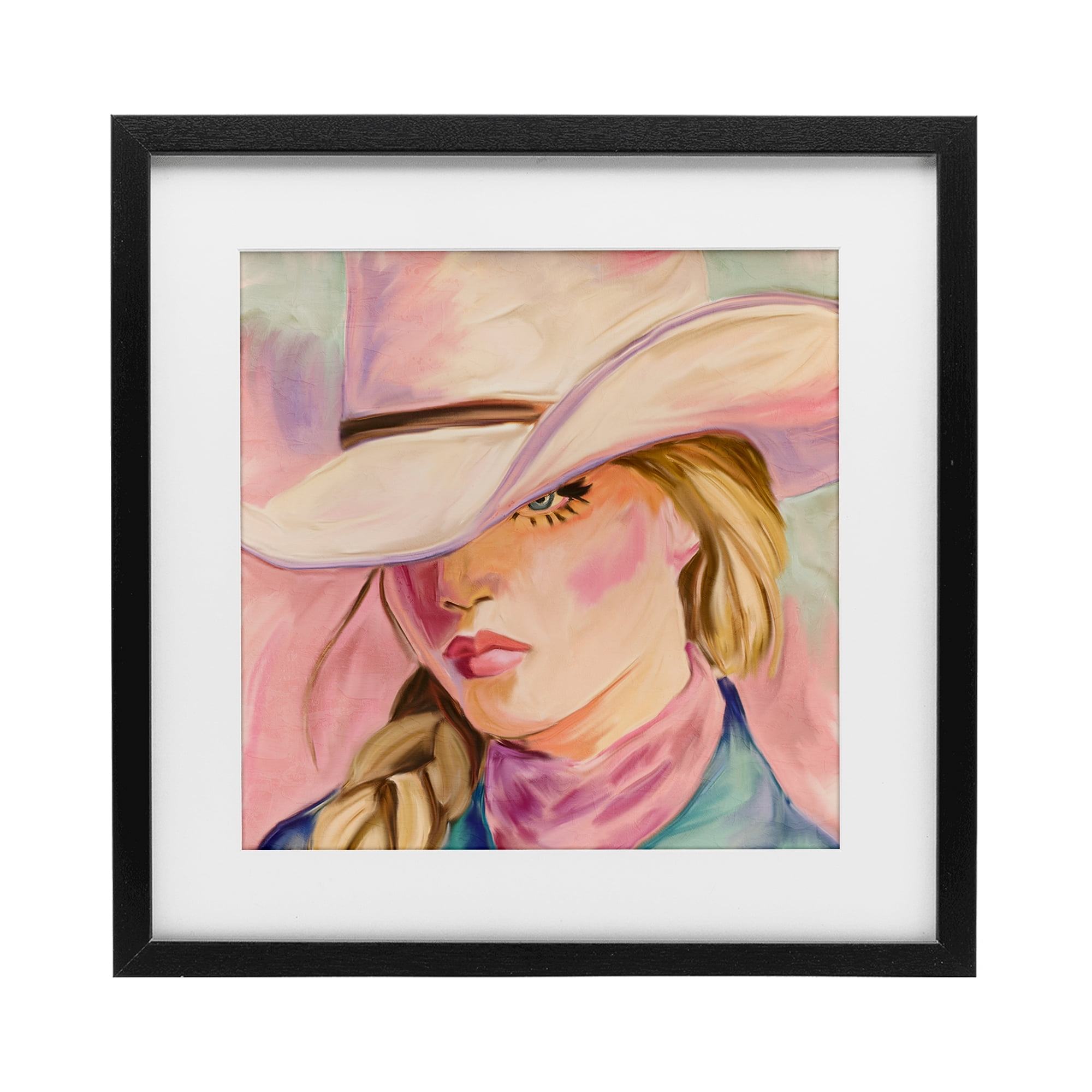 Pastel Cowgirl Gaze Beneath Hat Black Framed Print Under Glass, design by Kim Allen