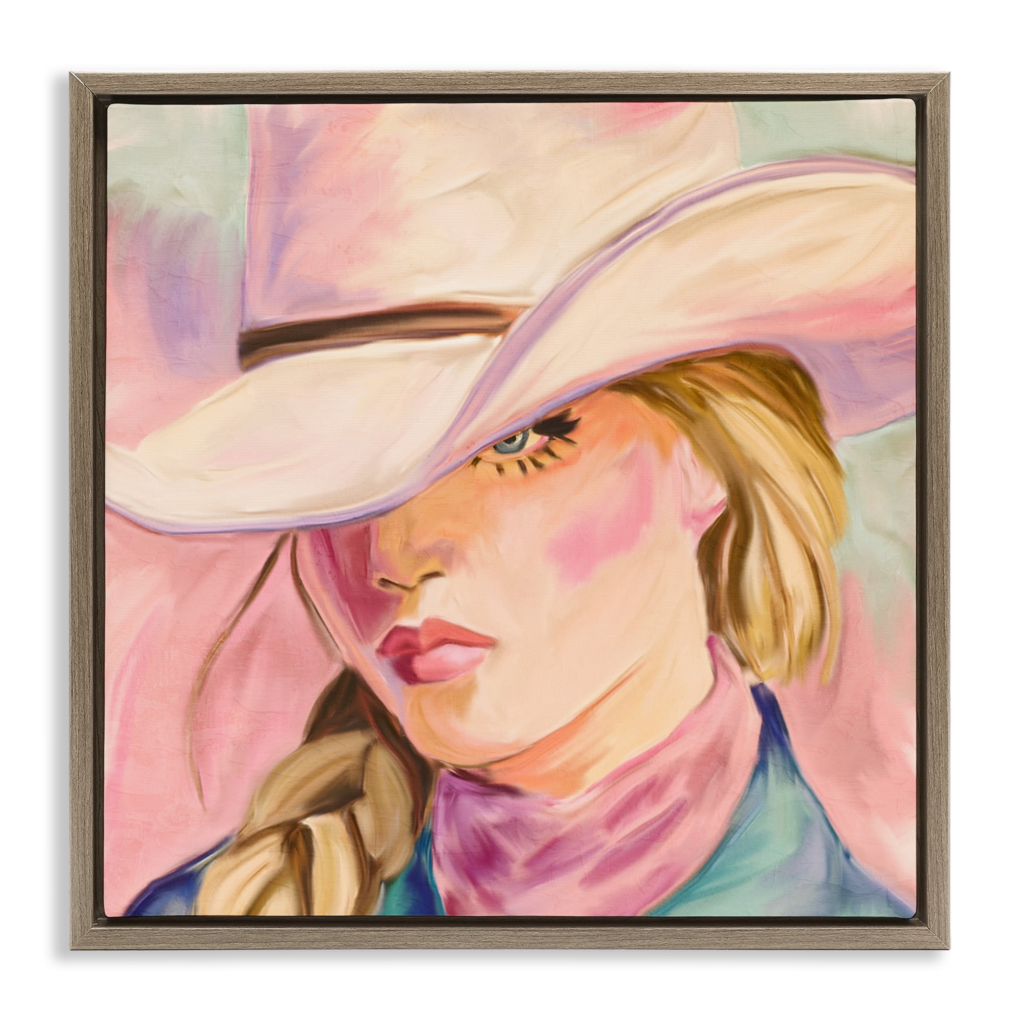 Pastel Cowgirl Gaze Beneath Hat Brown Framed Floater Canvas Wall Art, design by Kim Allen