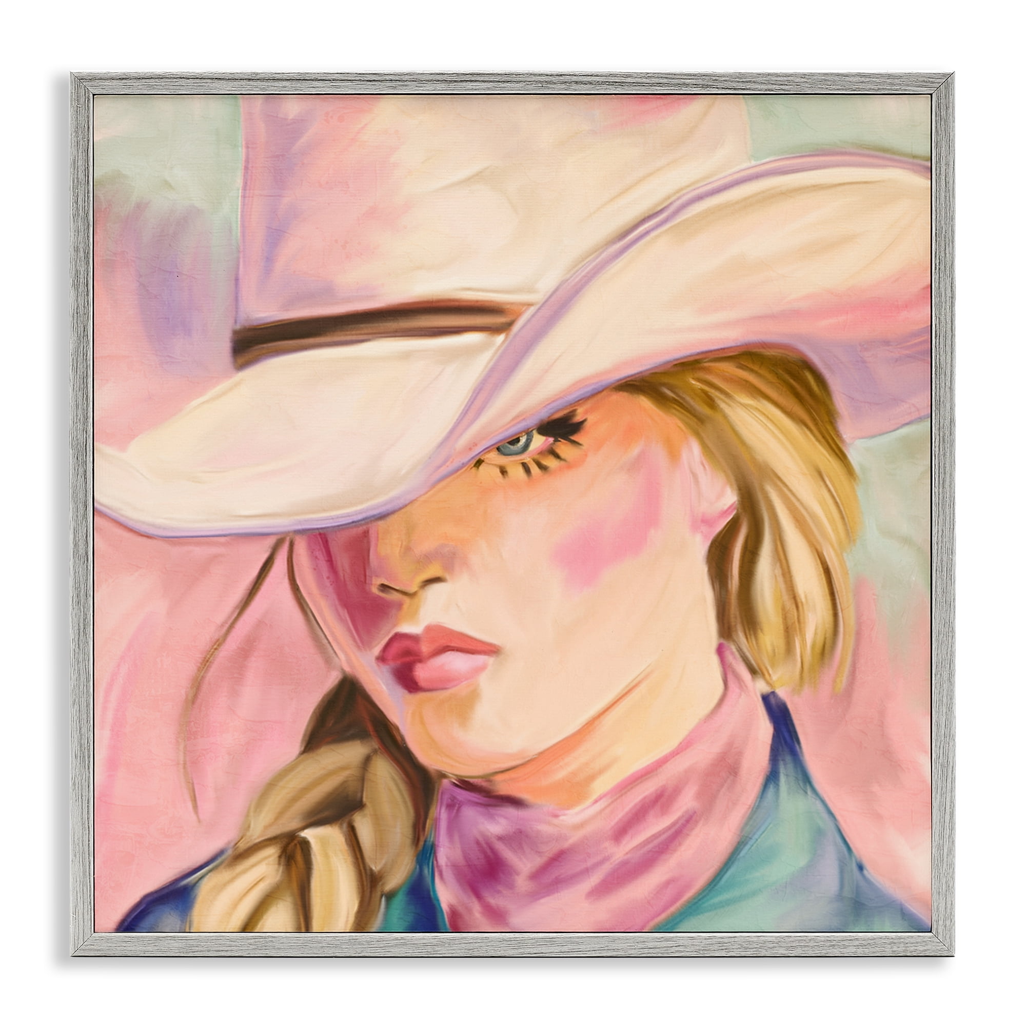 Pastel Cowgirl Gaze Beneath Hat Gray Framed Giclee Art, design by Kim Allen