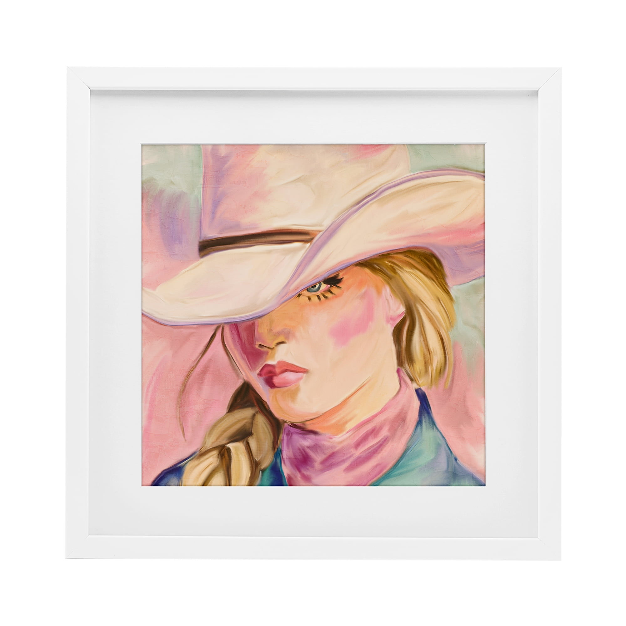 Pastel Cowgirl Gaze Beneath Hat White Framed Print Under Glass, design by Kim Allen