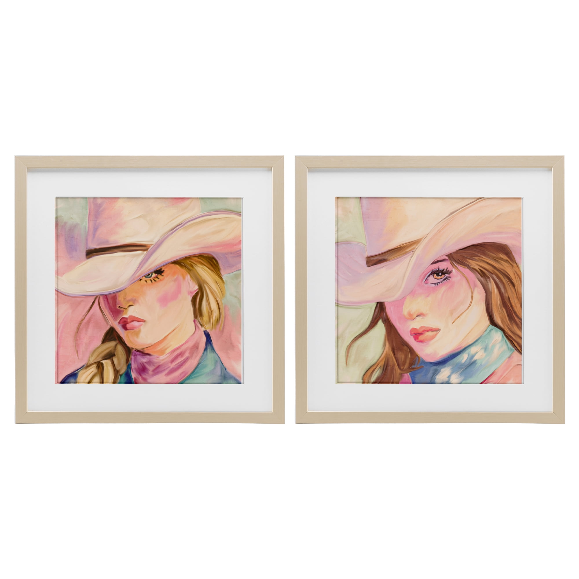 Pastel Cowgirls Gazing 2 Piece Birch Framed Print Under Glass Set, design by Kim Allen