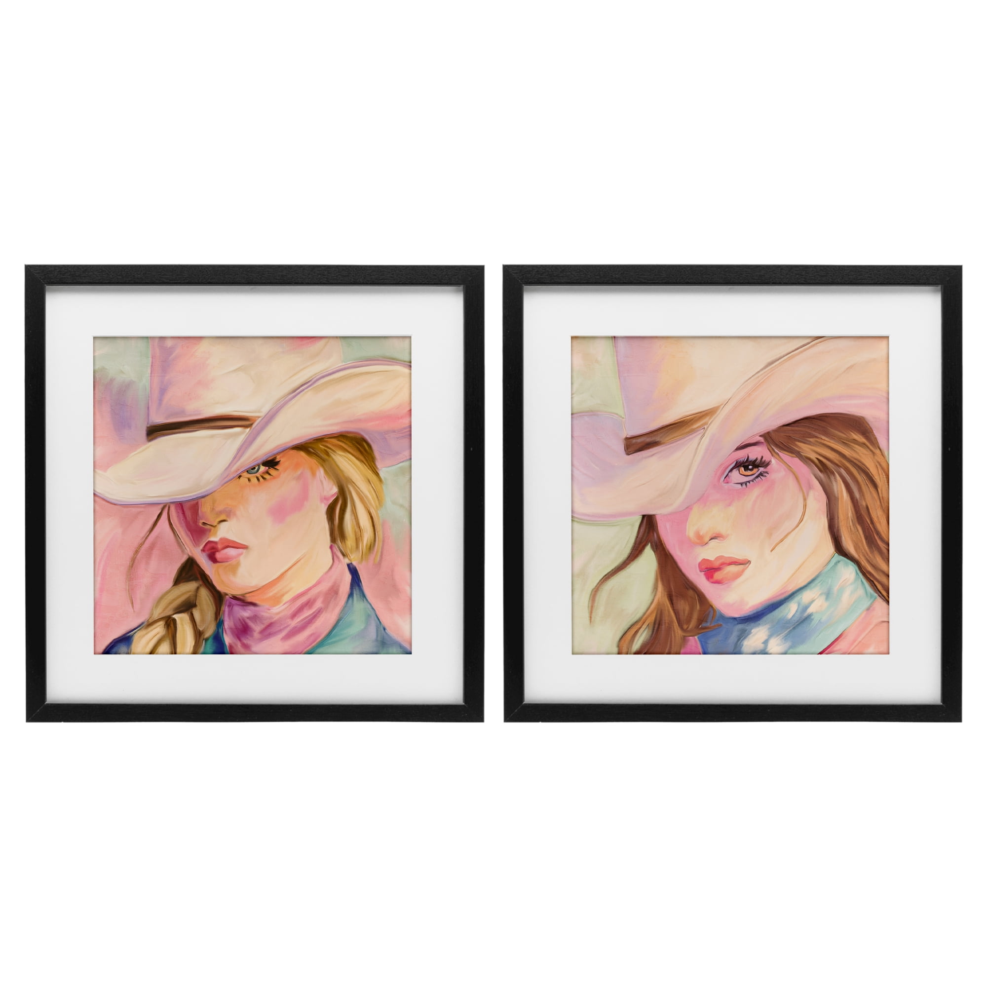 Pastel Cowgirls Gazing 2 Piece Black Framed Print Under Glass Set, design by Kim Allen