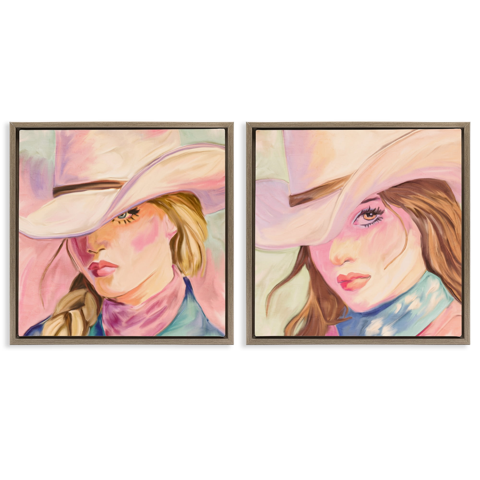 Pastel Cowgirls Gazing 2 Piece Brown Framed Floater Canvas Set, design by Kim Allen