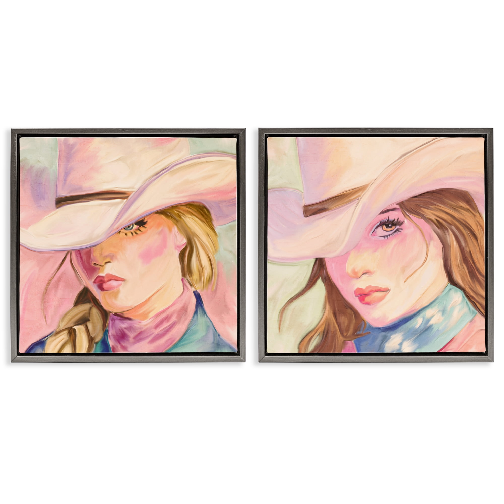 Pastel Cowgirls Gazing 2 Piece Gray Framed Floater Canvas Set, design by Kim Allen