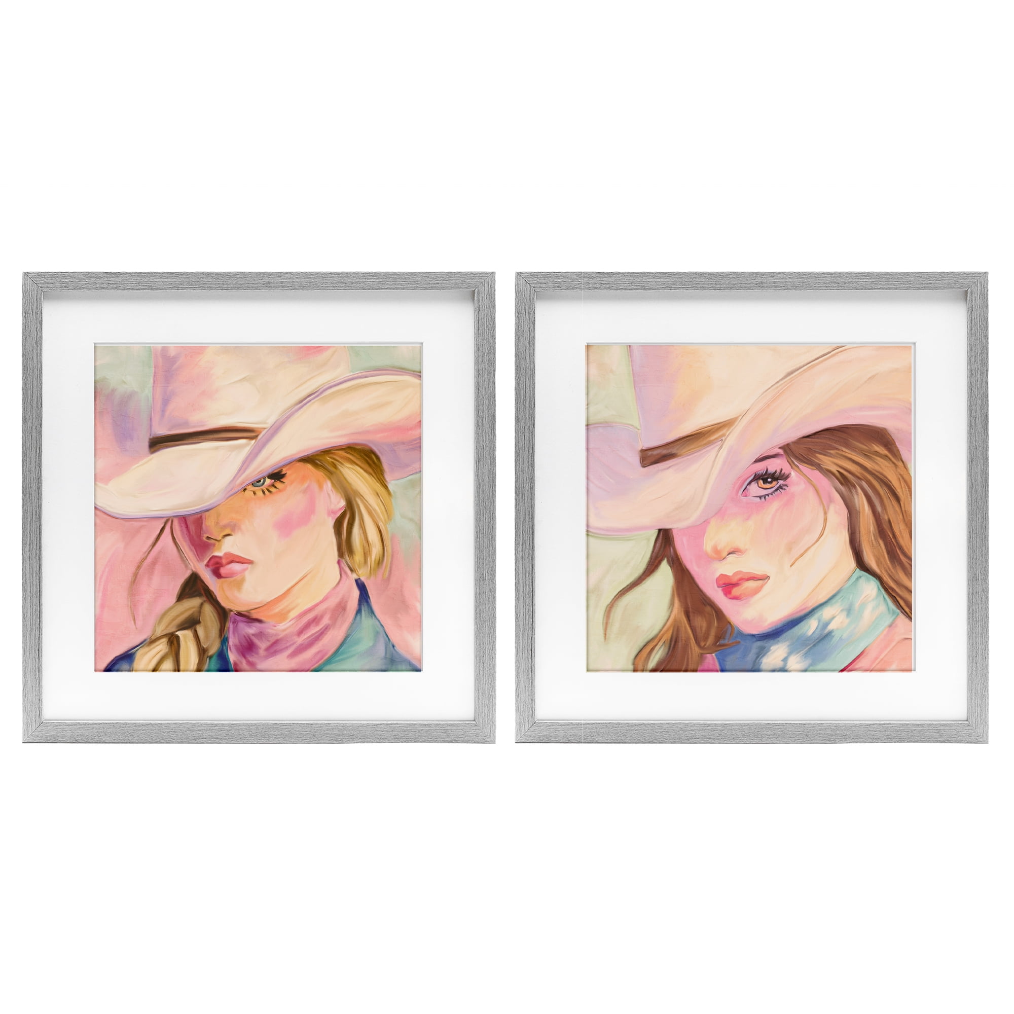 Pastel Cowgirls Gazing 2 Piece Gray Framed Print Under Glass Set, design by Kim Allen