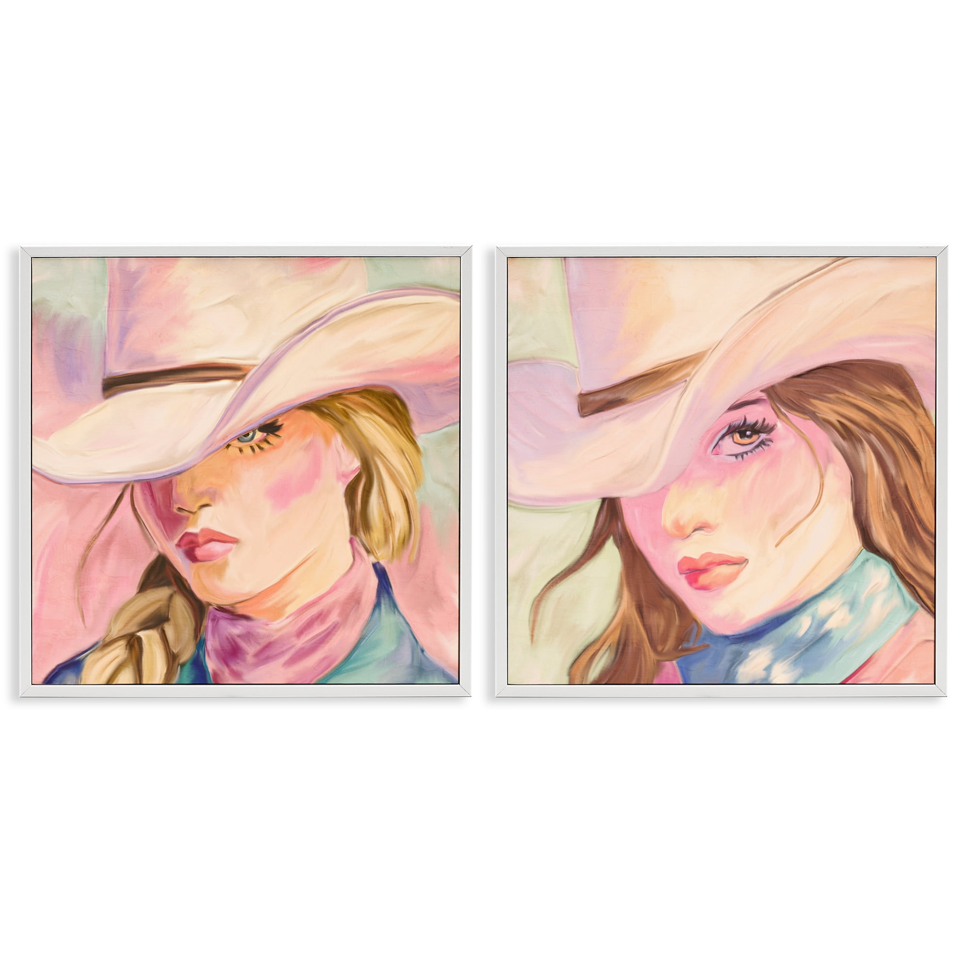 Pastel Cowgirls Gazing 2 Piece White Framed Giclee Art Set, design by Kim Allen