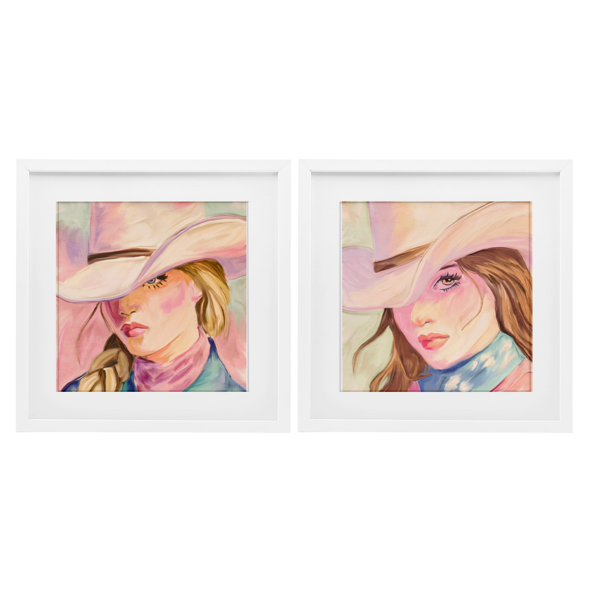 Pastel Cowgirls Gazing 2 Piece White Framed Print Under Glass Set, design by Kim Allen