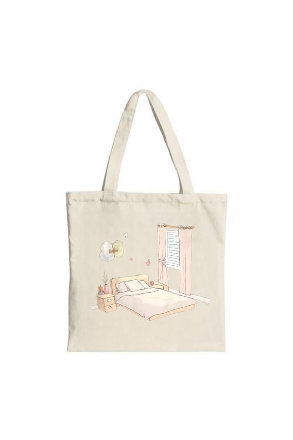 Pastel Cozy Bedroom Tote Bag - Soft Illustration of Bed Nightstand and Whimsical Butterflies & Hearts - Perfect for Shopping & Travel