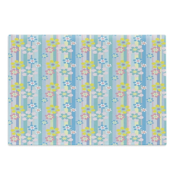 Pastel Cutting Board, Abstract Spring Season Themed Graphic Daisies on Vertical Stripes Soft Modern, Decorative Tempered Glass Cutting and Serving Board, Large Size, Multicolor, by Ambesonne