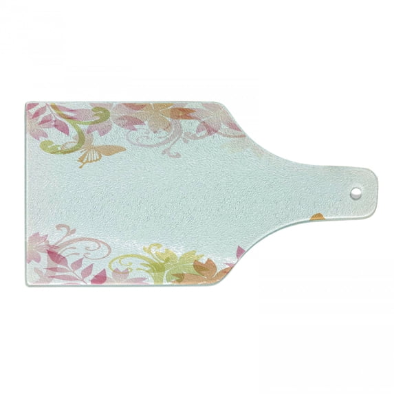 Pastel Cutting Board, Floral Spring Wreath Soft Toned Flower Butterflies Leaves Pattern, Decorative Tempered Glass Cutting and Serving Board, Wine Bottle Shape, Pale Pink Ginger, by Ambesonne