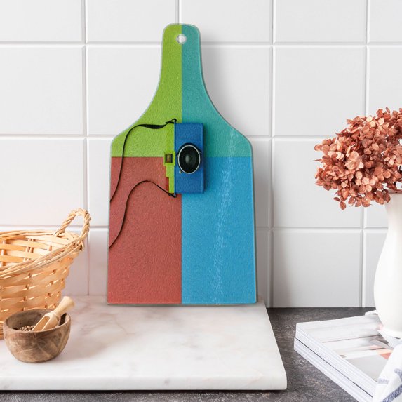 Pastel Cutting Board, Retro Style Fashion Film Camera on Colorful Backdrop Hipster Pop Urban Accessories, Tempered Glass Cutting and Serving Board, Wine Bottle Shape, Multicolor, by Ambesonne