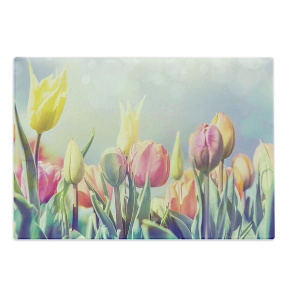 Pastel Cutting Board, Tulips Flower Bed in Park Serene Landscape Happiness Fresh Spring Environment Image, Decorative Tempered Glass Cutting and Serving Board, Large Size, Multicolor, by Ambesonne
