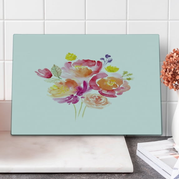 Pastel Cutting Board, Watercolor Bouquet of Roses Romantic Corsage Design Bridal Wedding Flora, Decorative Tempered Glass Cutting and Serving Board, Large Size, Multicolor, by Ambesonne