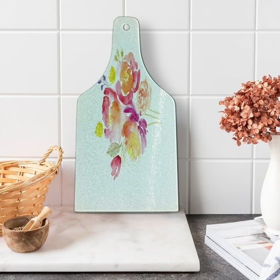 Pastel Cutting Board, Watercolor Bouquet of Roses Romantic Corsage Design Bridal Wedding Flora, Decorative Tempered Glass Cutting and Serving Board, Wine Bottle Shape, Multicolor, by Ambesonne