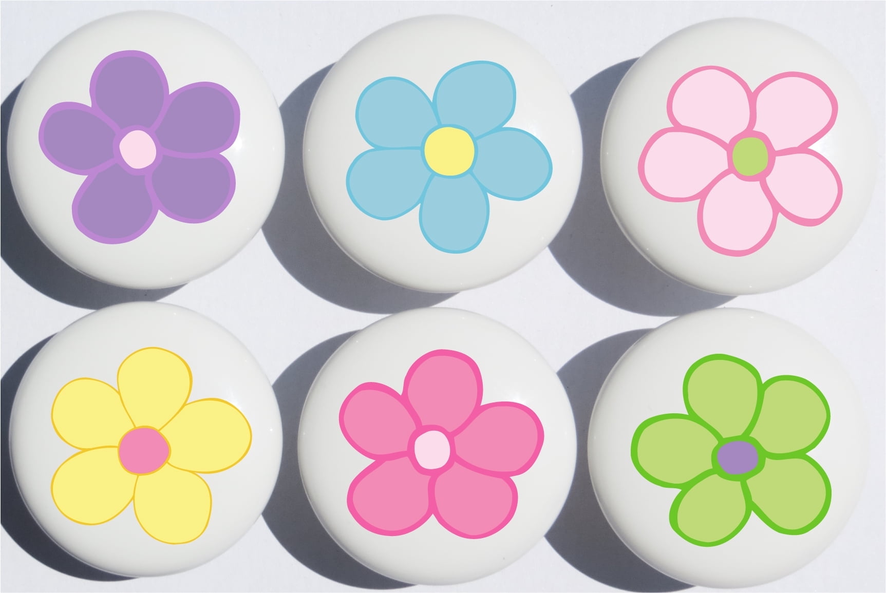 Pastel Daisy Flower Drawer Pulls  Gloss Ceramic Nursery Cabinet Knobs, Set of 6