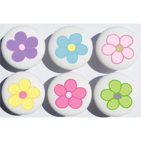 Pastel Daisy Flower Drawer Pulls Gloss Ceramic Nursery Cabinet Knobs, Set of 6