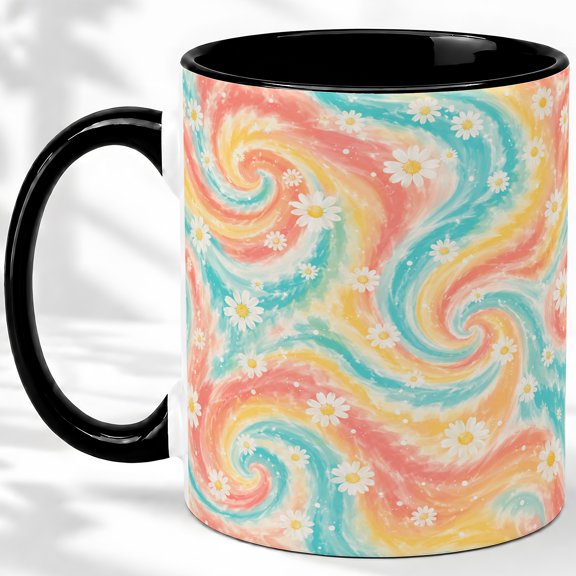 Pastel Daisy Swirl Accent Mug, 11oz Ceramic Coffee Cup for Flower Fans