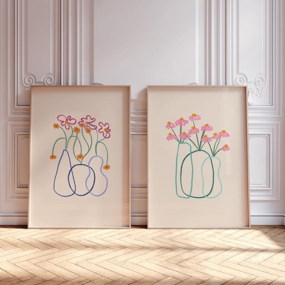 Pastel Danish Line Flower Boho Retro Duo Minimal Wall Art Set 2 Stretched Canvas 12x18