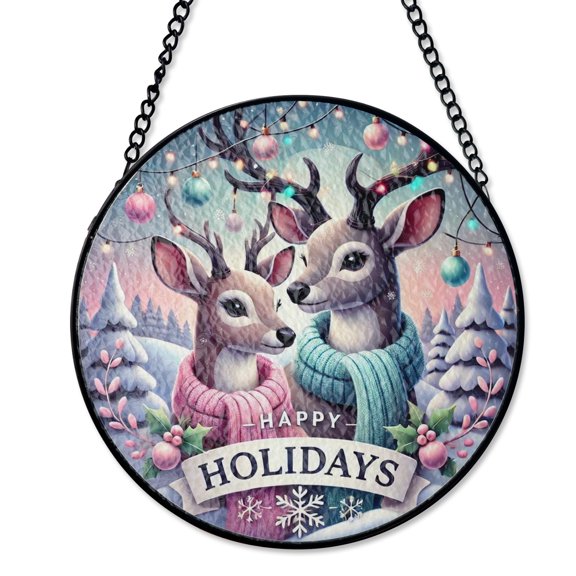Pastel Deer Happy Holidays Suncatcher Stained Glass Style UV Printed Winter Forest Decor Round