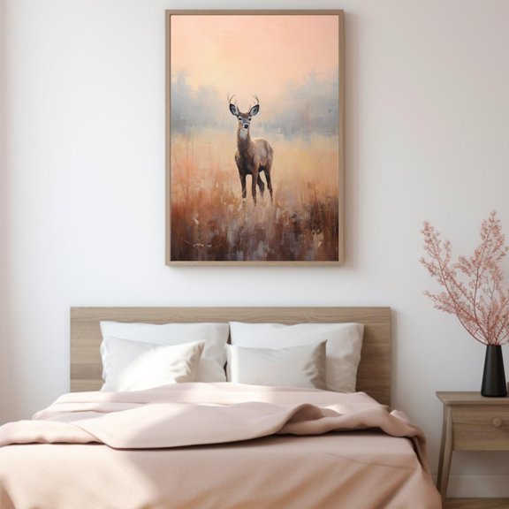 Pastel Deer Impressionist Meadow Sunrise Wall Decor Unframed Paper Print