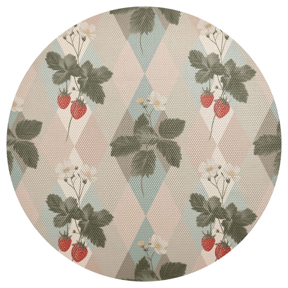 Pastel Diagonal Plaids with Strawberries Flowers PVC Round Grid Placemat Table Mat 1 Pc 15.4" x 15.4"