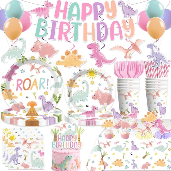 Pastel Dinosaur Girl Birthday Set – Banner, Cupcake Toppers, Tablecloth, 9" & 7" Plates, Napkins, Cups, Forks, Straws, Balloons, Cake Topper – Serves 25 or 50 Guests