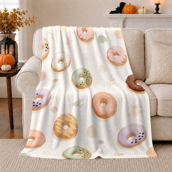 Pastel Donuts with Sprinkles on Cream Background, Sweet Bakery Style, Cozy Flannel Blanket for Kitchen Nook and Bedroom, Birthday Gift, Home Decor