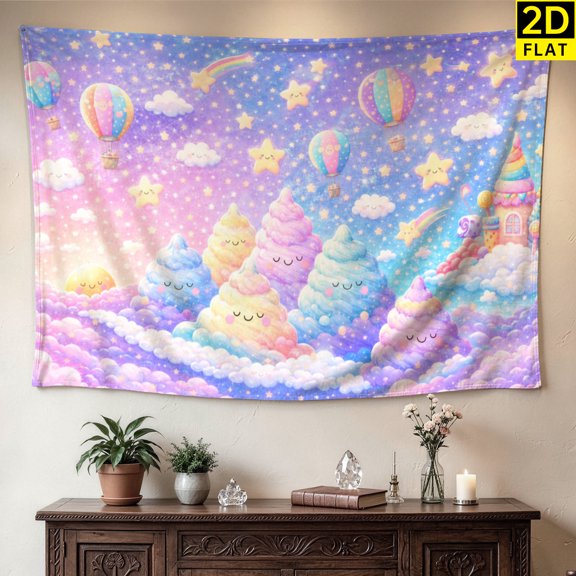 Pastel Dreamy Clouds Hot Air Balloons Castle Wall tapestry, Large size Printed Horizontal Tapestry blanket, Polyester Fabric Wall Hanging for bedroom, living room, Gift for Family and Friends