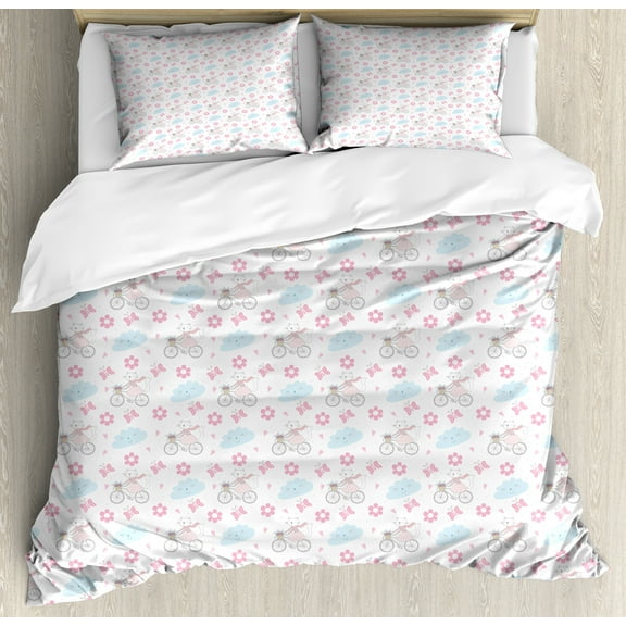 Pastel Duvet Cover Set, Cats Ride a Bicycle with Flowers Clouds Hearts and Butterflies Shape, Decorative 3 Piece Bedding Set with 2 Pillow Shams, Queen Size, Pale Pink Pale Blue, by Ambesonne