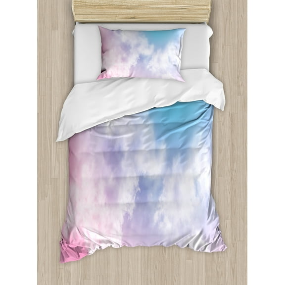 Pastel Duvet Cover Set, Fantasy Sky Abstraction Smoky Clouds Foggy Ethereal Composition, Decorative 2 Piece Bedding Set with 1 Pillow Shams, Twin Size, Pale Pink Aqua White, by Ambesonne