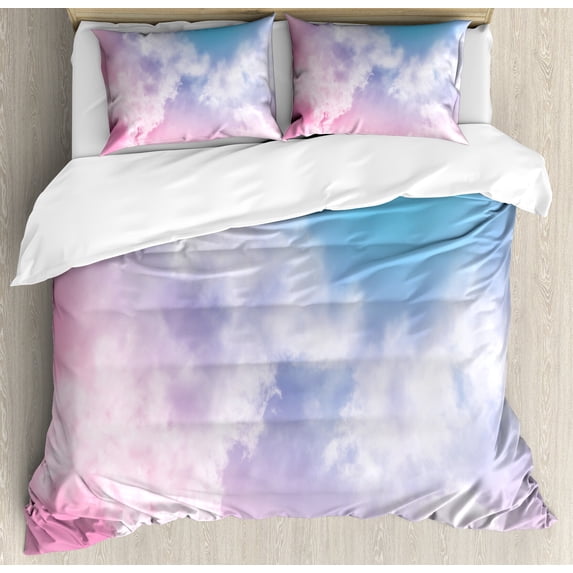 Pastel Duvet Cover Set, Fantasy Sky Abstraction Smoky Clouds Foggy Ethereal Composition, Decorative 3 Piece Bedding Set with 2 Pillow Shams, Queen Size, Pale Pink Aqua White, by Ambesonne