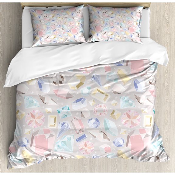 Pastel Duvet Cover Set King Size, Colorful Diamond Gemstone Figures Rich Feminine Women Fashion Theme Digital Print, Decorative 3 Piece Bedding Set with 2 Pillow Shams, Multicolor, by Ambesonne