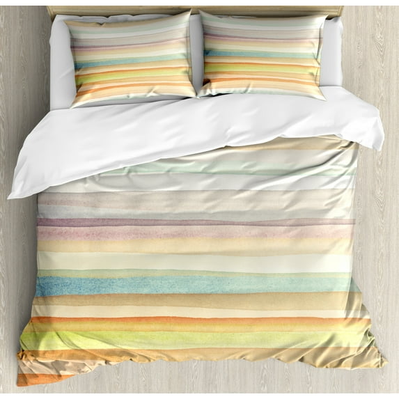 Pastel Duvet Cover Set King Size, Horizontal Watercolors Stripes Acrylic Artistic Elements Liquid Brushstrokes Print, Decorative 3 Piece Bedding Set with 2 Pillow Shams, Multicolor, by Ambesonne
