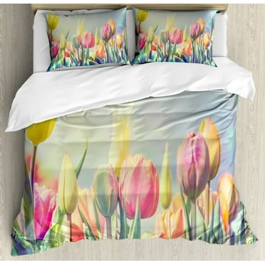 Pastel Duvet Cover Set King Size, Tulips Flower Bed in Park Serene Landscape Happiness Fresh Spring Environment Image, Decorative 3 Piece Bedding Set with 2 Pillow Shams, Multicolor, by Ambesonne