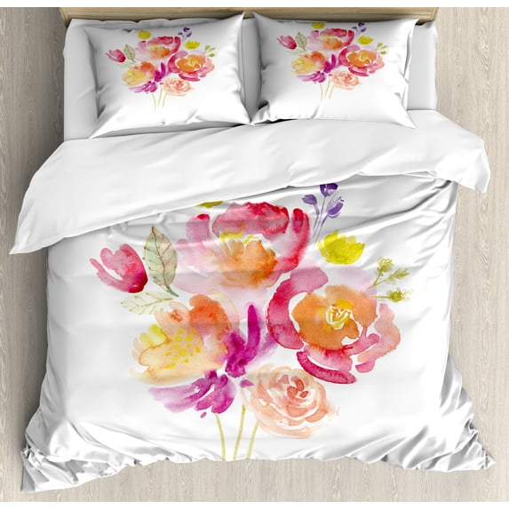 Pastel Duvet Cover Set King Size, Watercolor Bouquet of Roses Romantic Artistic Corsage Design Bridal Wedding Flora, Decorative 3 Piece Bedding Set with 2 Pillow Shams, Multicolor, by Ambesonne