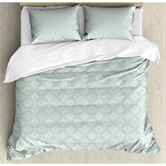 Pastel Duvet Cover Set, Oriental Bohemian Swirly Flower Leaf Motif Traditional, Decorative 3 Piece Bedding Set with 2 Pillow Shams, Calking Size, Pale Sage Green and White, by Ambesonne